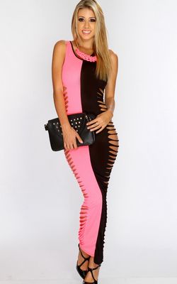 F5056-2  Hot Pink Black Razor Cutout Sides Sexy Maxi Dress